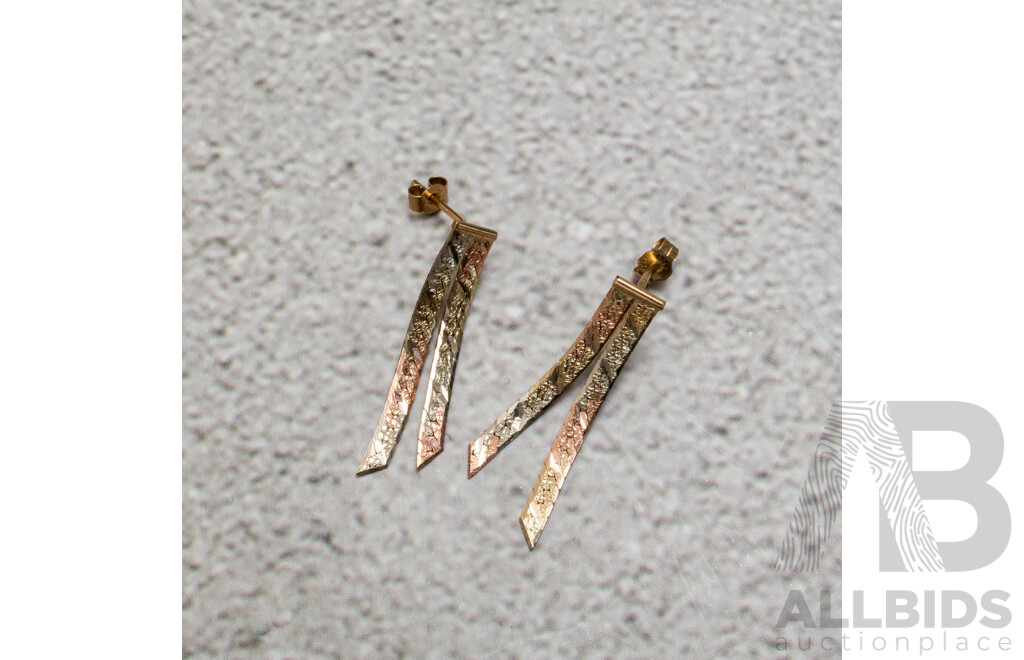 9ct Vintage Tri-Tone Gold Drop Stud Earrings, 25mm Long, 1.12 Grams