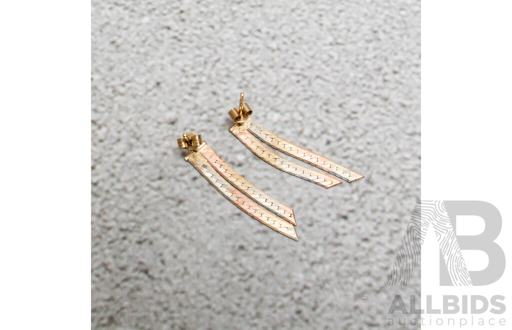 9ct Vintage Tri-Tone Gold Drop Stud Earrings, 25mm Long, 1.12 Grams