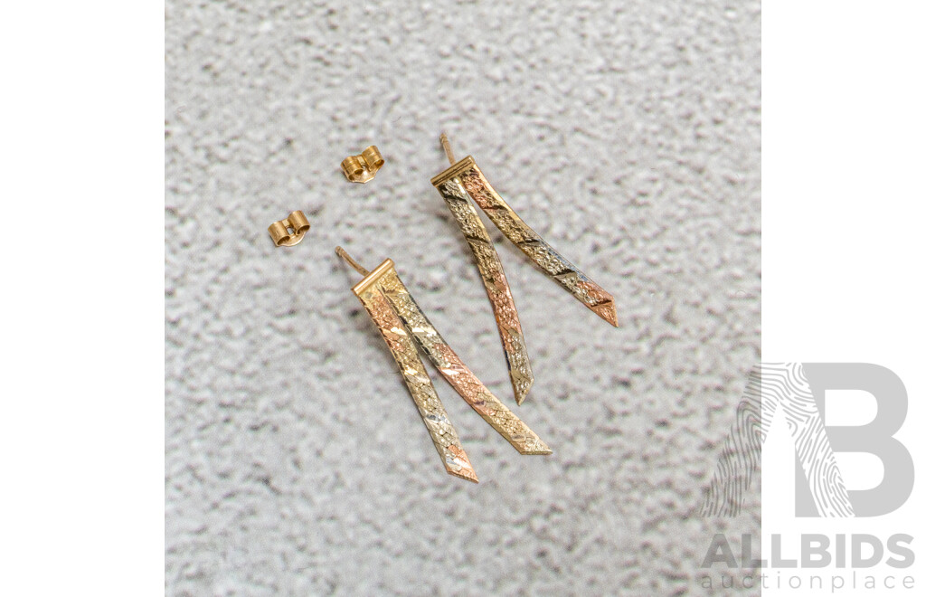 9ct Vintage Tri-Tone Gold Drop Stud Earrings, 25mm Long, 1.12 Grams
