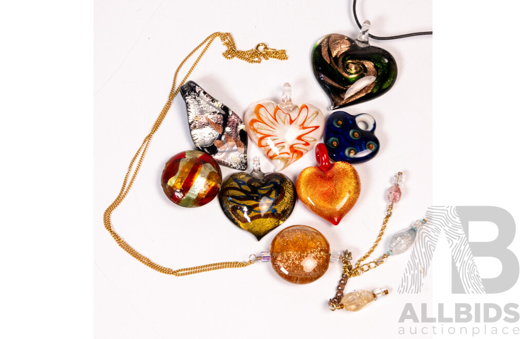 Vintage Gold Tone Murano Glass Drop Tassel Pendant Necklace with Other Assorted Artisan Glass Pendants