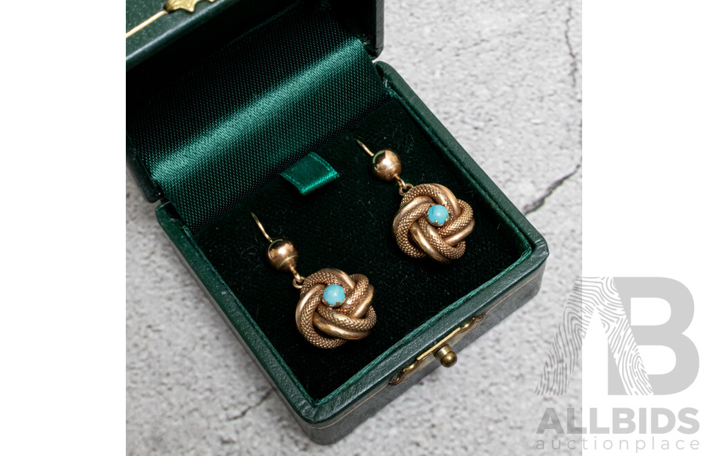 9ct Vintage Gold Drop Knot Earrings with Turquoise Cabochons, 30mm Long, 3.73 Grams