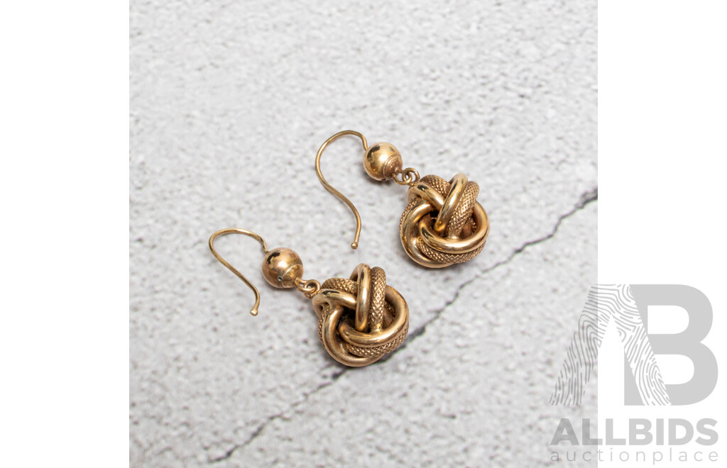 9ct Vintage Gold Drop Knot Earrings with Turquoise Cabochons, 30mm Long, 3.73 Grams