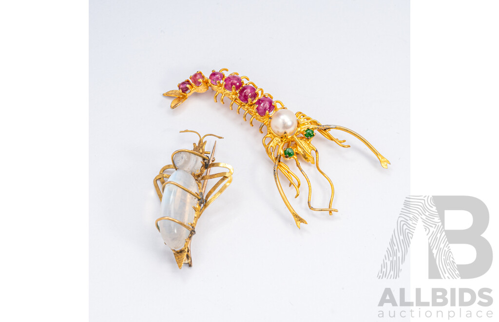 Mantas Shrimp Brooch & Bug Brooch, Gold Tone with Natural Rubies, Pearl, Emerald & Moonstones