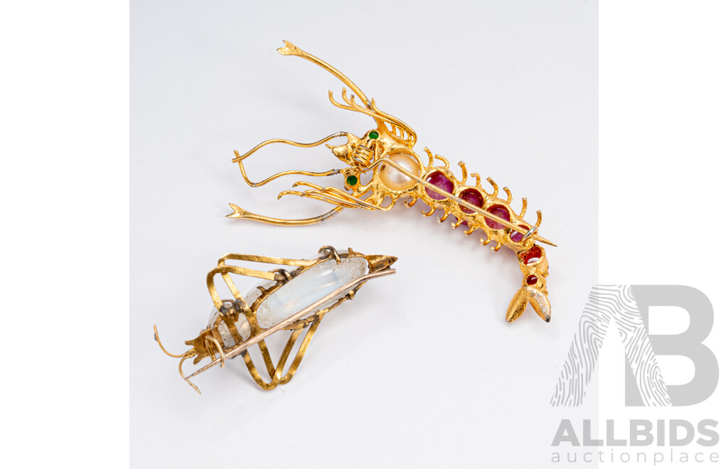 Mantas Shrimp Brooch & Bug Brooch, Gold Tone with Natural Rubies, Pearl, Emerald & Moonstones