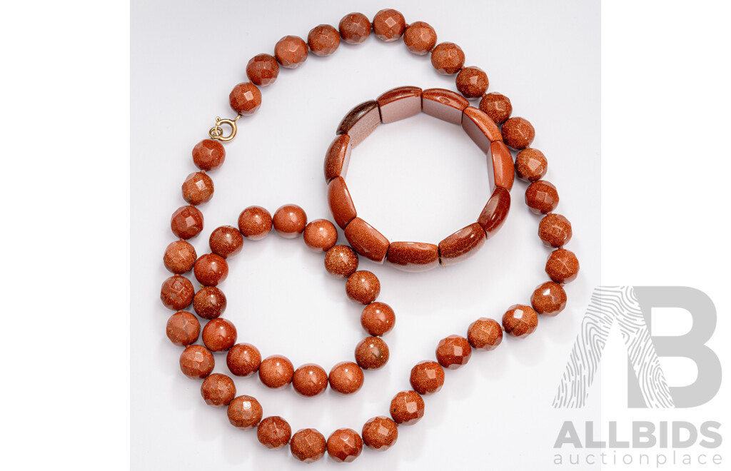 Goldstone Natural Gemstone Beaded Necklace 45cm & (2) Goldstone Beaded Bracelets