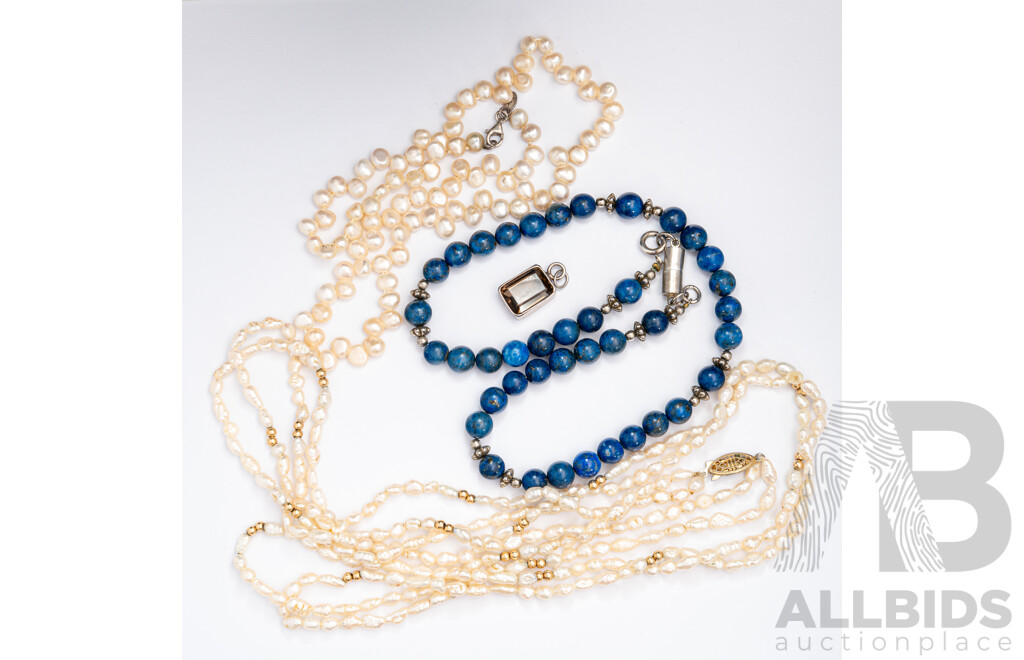 SS Button Pearl Necklace with Smokey Quartz Pendant, Rice Pearl Double Strand Necklace & Lapis Lazuli Beaded Necklace