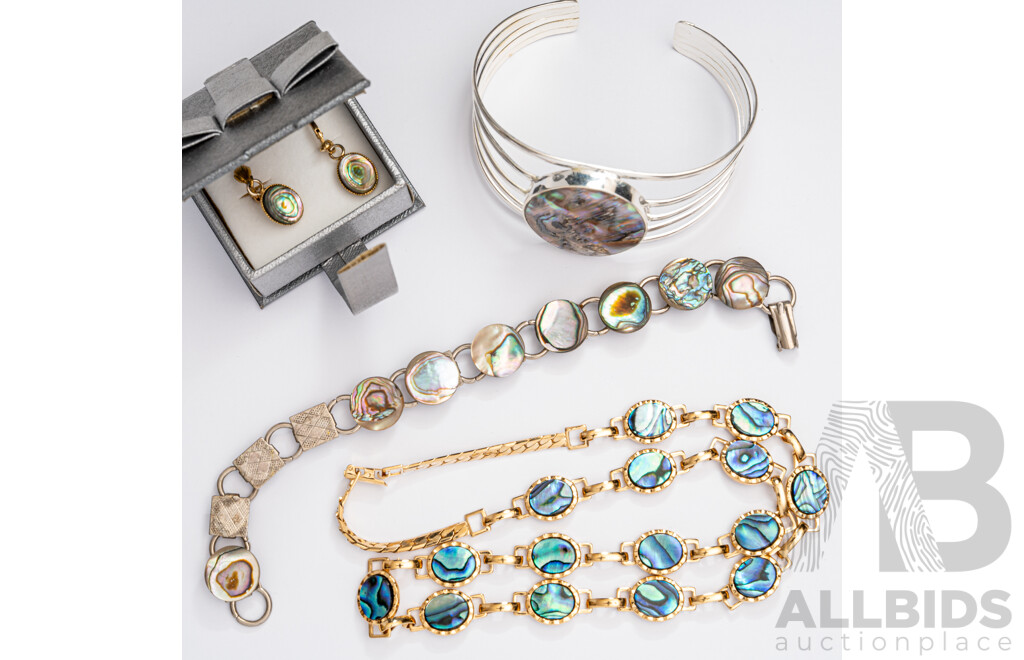 Sterling Silver Paua Shell Cuff Bangle with Paua Shell Necklace, Bracelet and Earrings