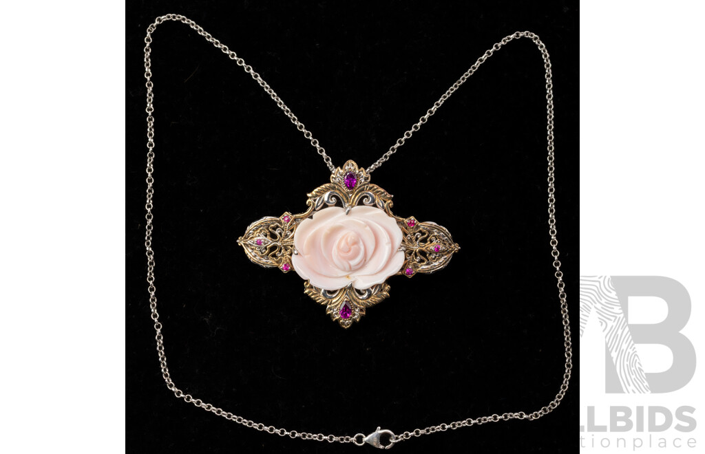 Sterling Silver & 18KPG Michael Valitutti Carved Rose Shell Cameo Brooch/pendant, 45mm X 60mm, 20.66 Grams
