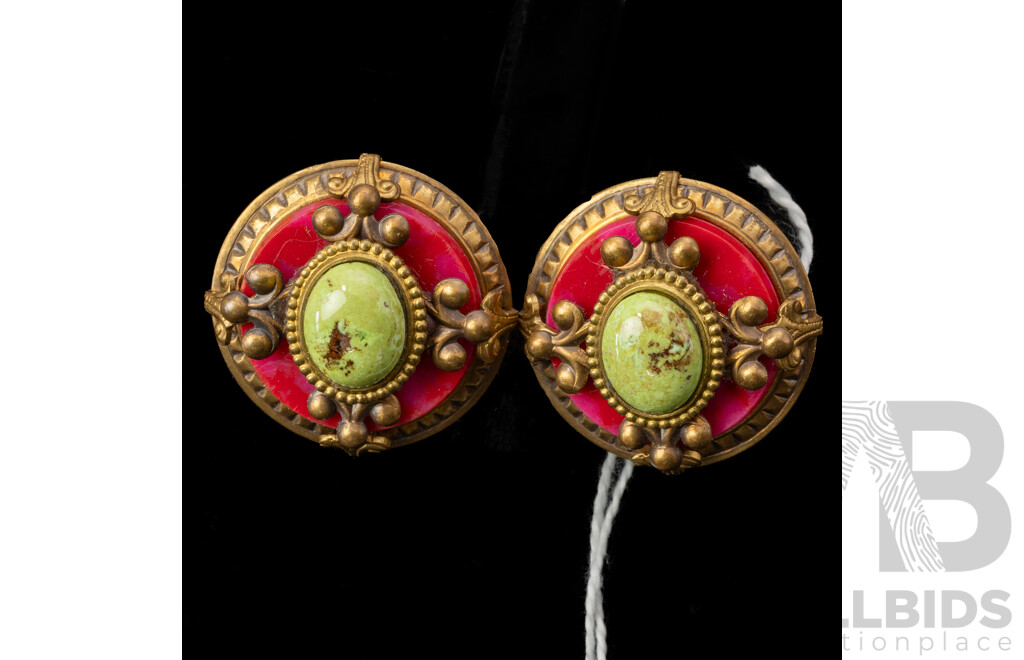 Patrice Pink German Resin & Green Gaspetite Stone Clip on Earrings, 25mm