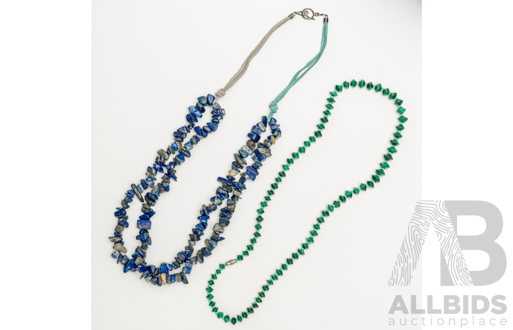 Vintage Gemstone Necklaces - Malachite Gradutaed Beaded Necklace & Lapis Lazuli Beaded Necklace on Suede