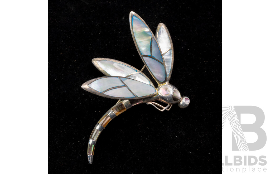 Sterling Silver Dragonfly Brooch with Inlaid Mother of Pearl, 100mm, 47.39 Grams