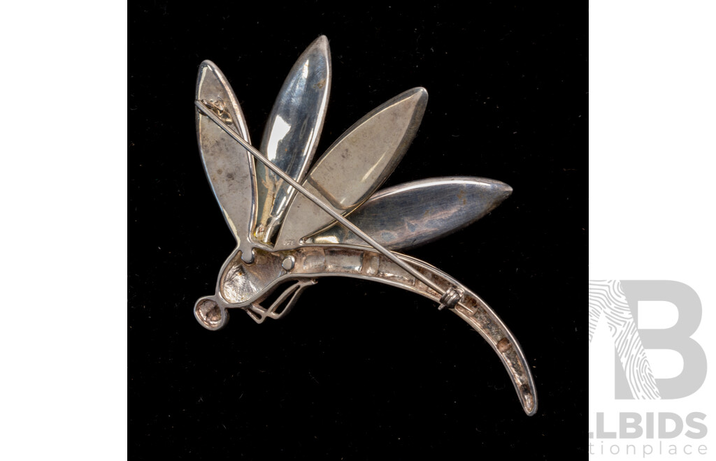 Sterling Silver Dragonfly Brooch with Inlaid Mother of Pearl, 100mm, 47.39 Grams
