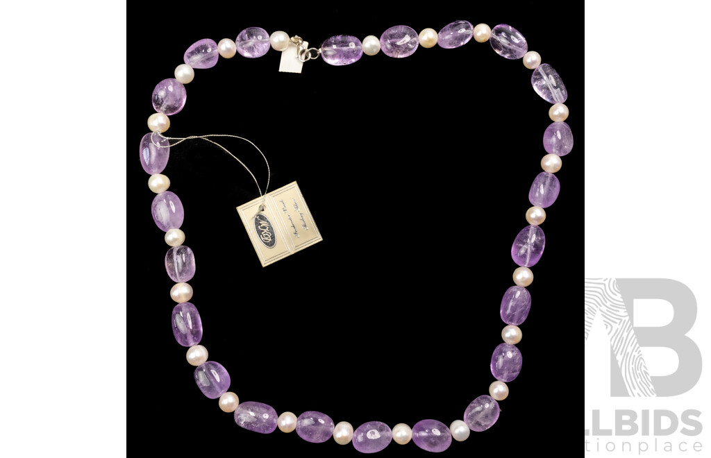 NEW - MKOD Sterling Silver Amethyst & Cultured Pearl Necklace, 60cm, Hallmarked 925