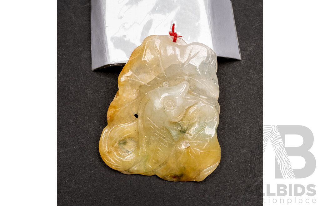 Vintage Carved Jade Double Sided Fish Pendant, 48mm X 40mm, 17.46 Grams