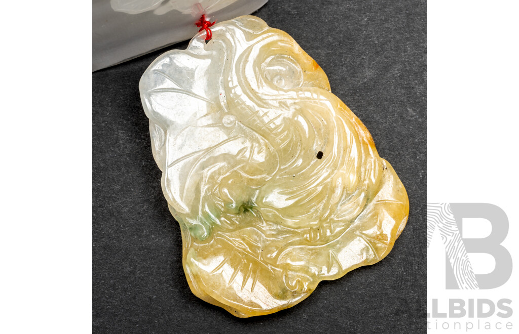 Vintage Carved Jade Double Sided Fish Pendant, 48mm X 40mm, 17.46 Grams