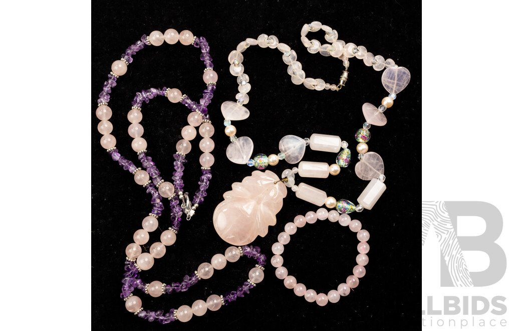 Rose Quartz Carved Pendant with Beaded Rose Quartz Necklace & Amethyst & RQ Beaded Necklace