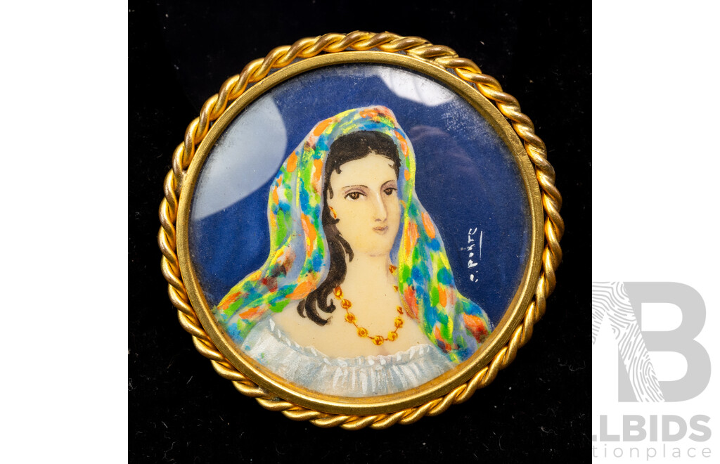 Vintage French Handpainted Portrait Brooch, 58mm, Signed