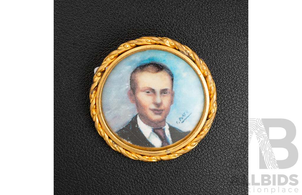 Vintage French Handpainted Portrait Brooch, Round 45mm, Signed