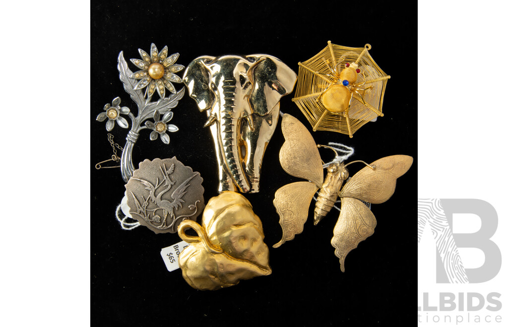 Collection of (6) Large Vintage Nature Themed Brooches, Gold/silver Tone