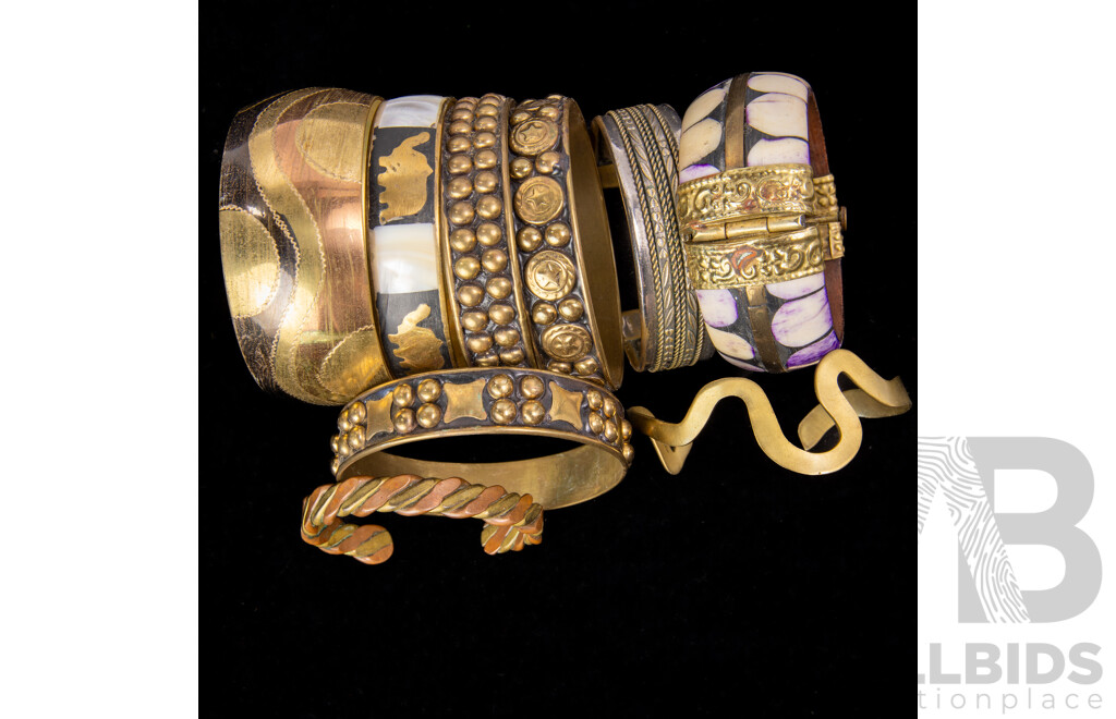 Collection of (9) Vintage Brass & Copper/Tone Bangles & Cuffs in Various Designs