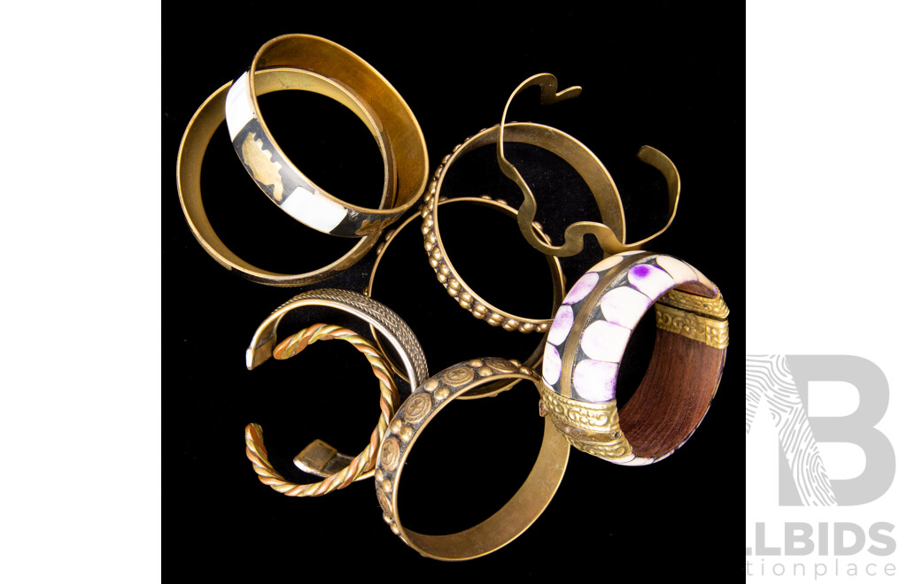 Collection of (9) Vintage Brass & Copper/Tone Bangles & Cuffs in Various Designs