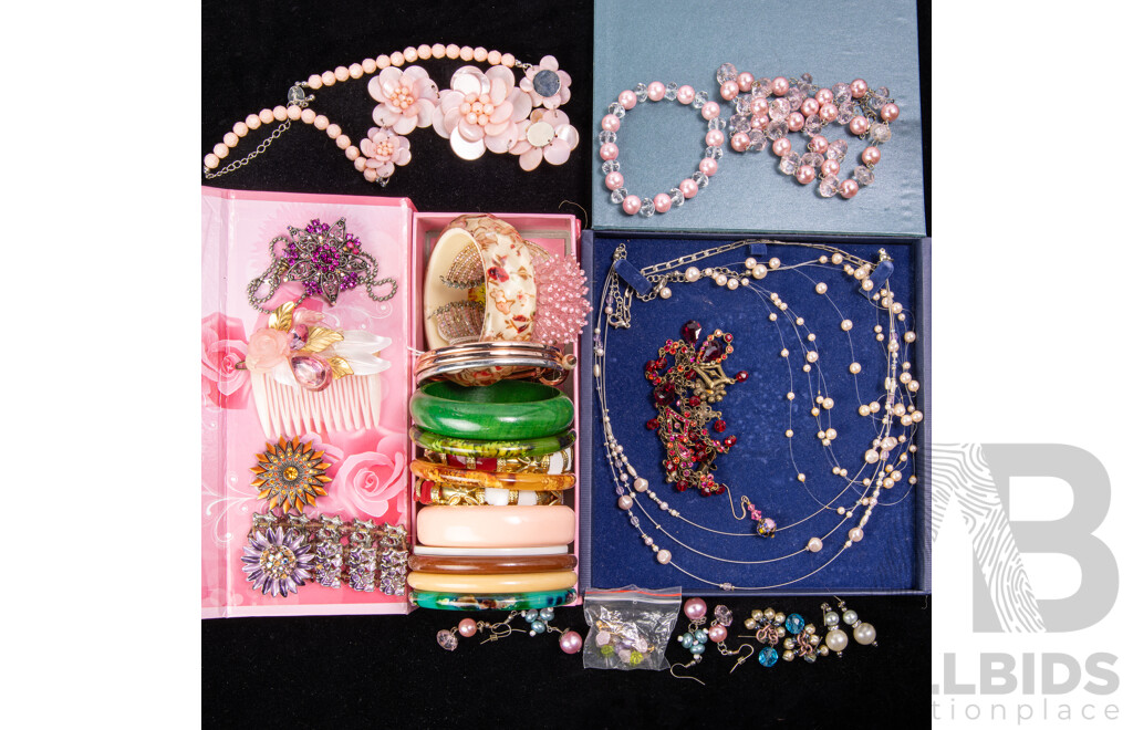 Pretty in Pink Themed Vintage Collection of Bangles & Necklaces