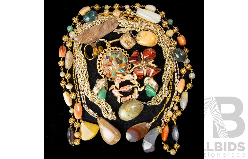 Vintage Natural Gemstone Collection with Brooches, Pendants and Beaded Necklace