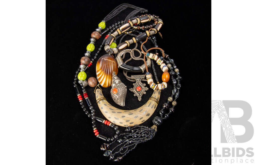Beaded Tribal (7) Necklaces Also Included Silvertone Shell Pendant & Horn Open Cuff Bangle