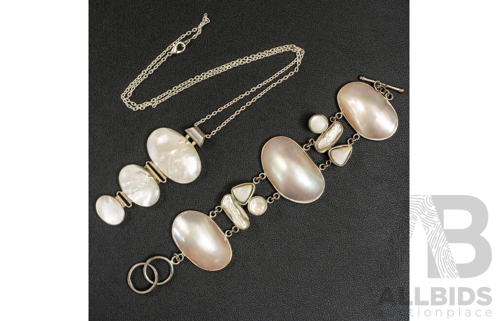 Sterling Silver 70mm Mother of Pearl Pendant and Bracelet with Osmena/biwa Pears/MOP