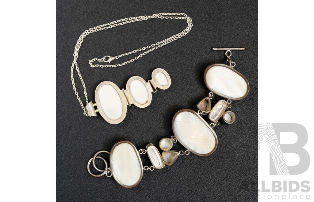 Sterling Silver 70mm Mother of Pearl Pendant and Bracelet with Osmena/biwa Pears/MOP