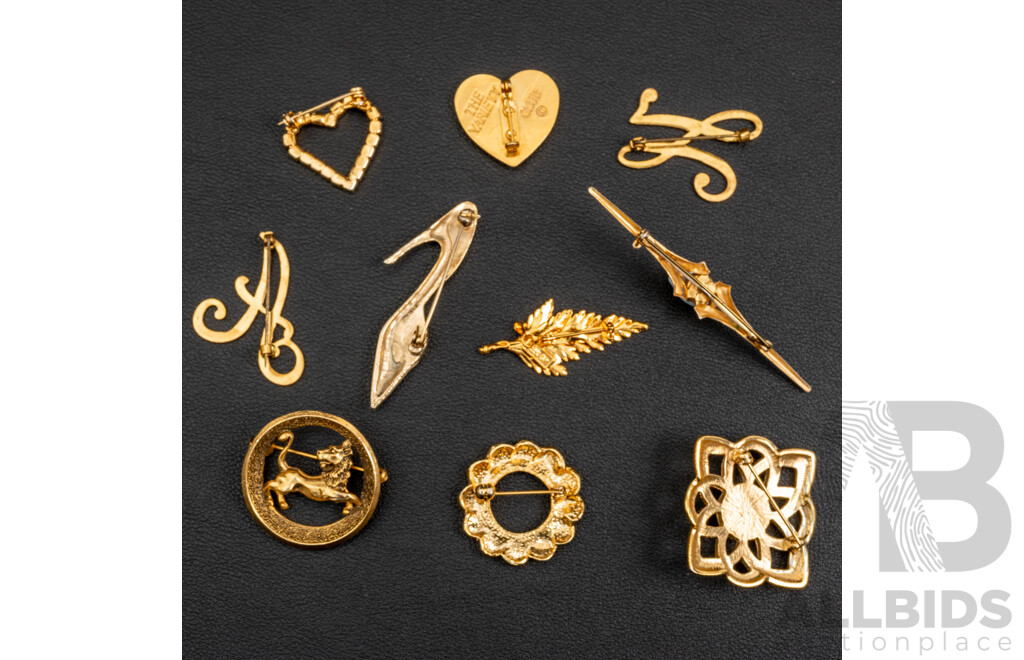 Collection of (10) Vintage Gold Tone Brooches in Various Designs