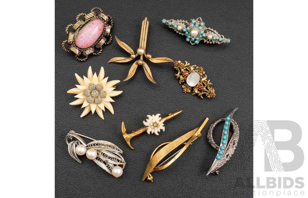 Collection of (9) Vintage Silver/gold Tone Brooches with Paste Stones