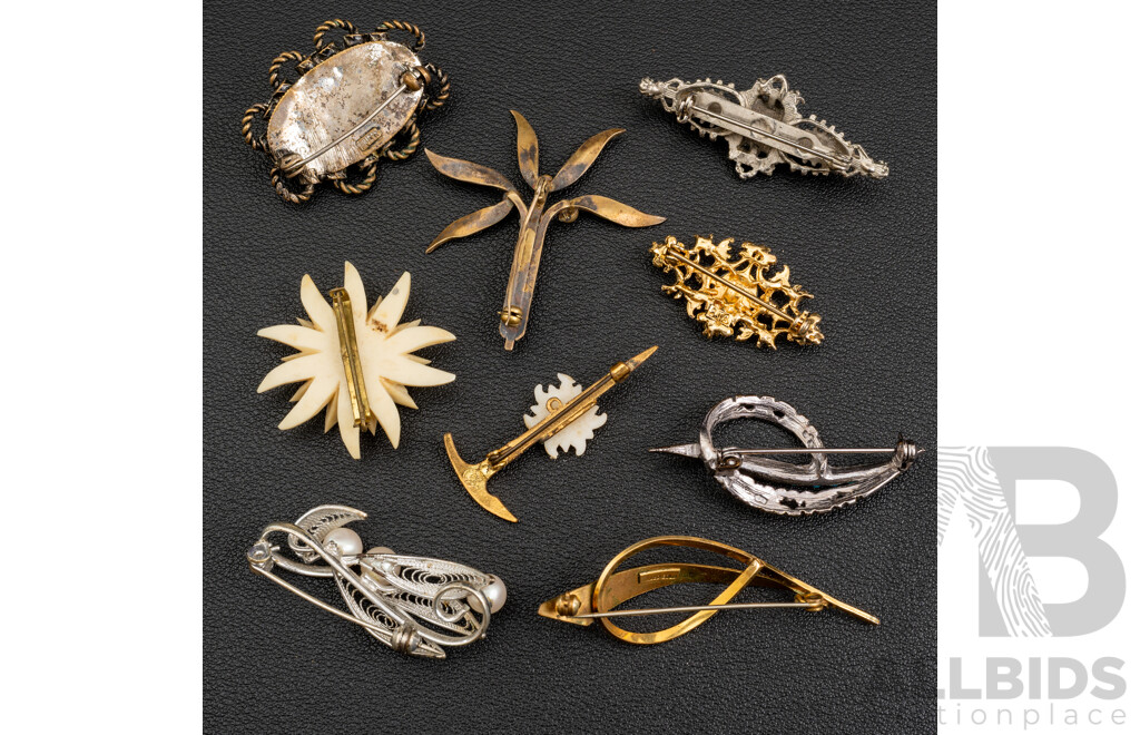Collection of (9) Vintage Silver/gold Tone Brooches with Paste Stones