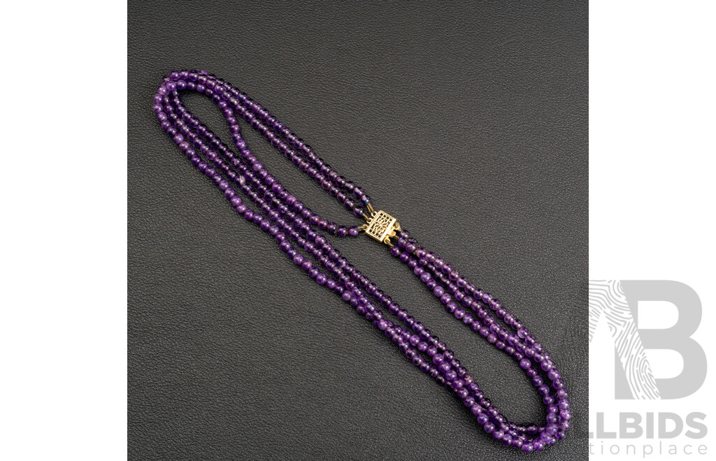 Vintage Triple Strand Amethyst Beads, 40cm Long with Gold Tone Pearl Clasp