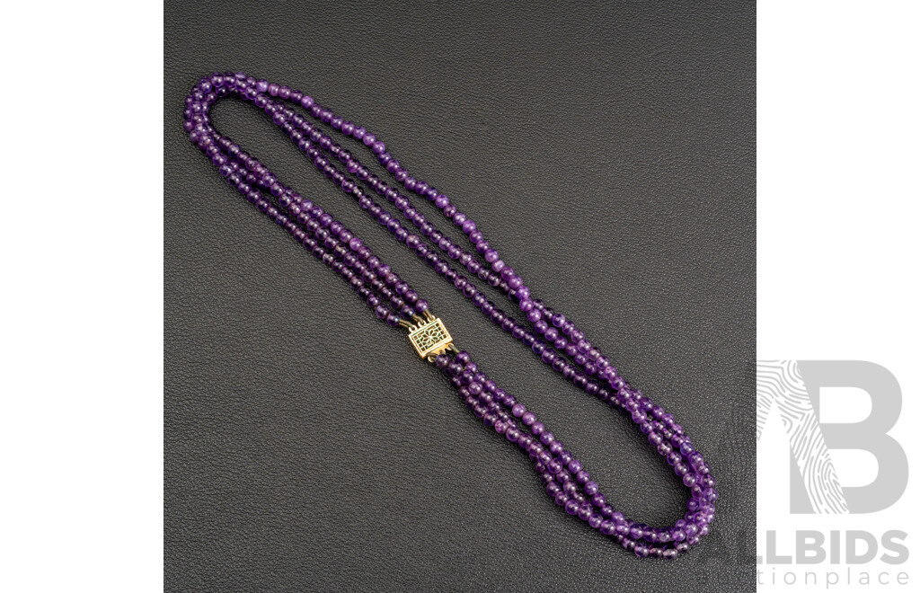 Vintage Triple Strand Amethyst Beads, 40cm Long with Gold Tone Pearl Clasp