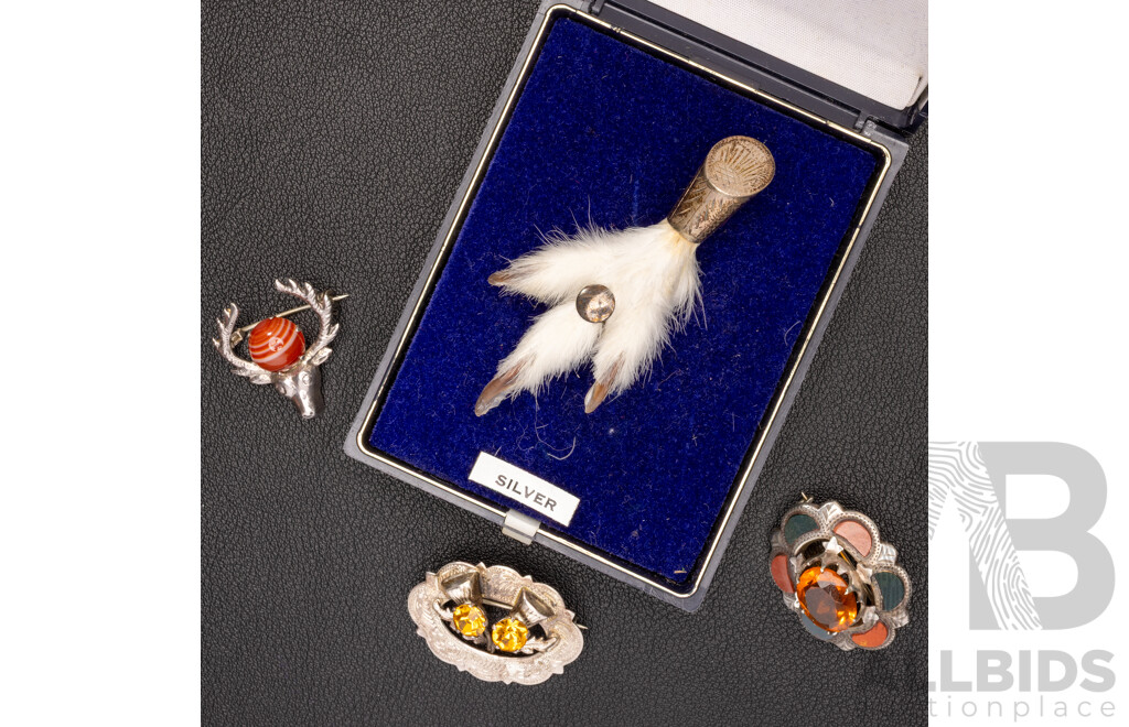 Traditional Scottish Grouse Foot Brooch & (3) Other Vintage Scottish Sterling Silver Brooches