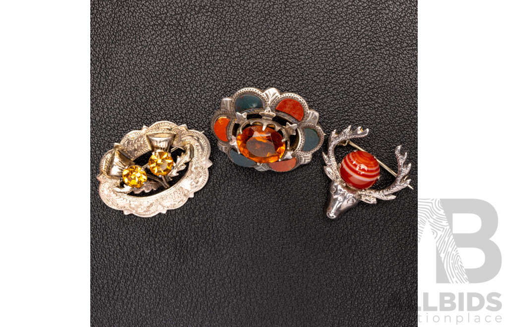 Traditional Scottish Grouse Foot Brooch & (3) Other Vintage Scottish Sterling Silver Brooches