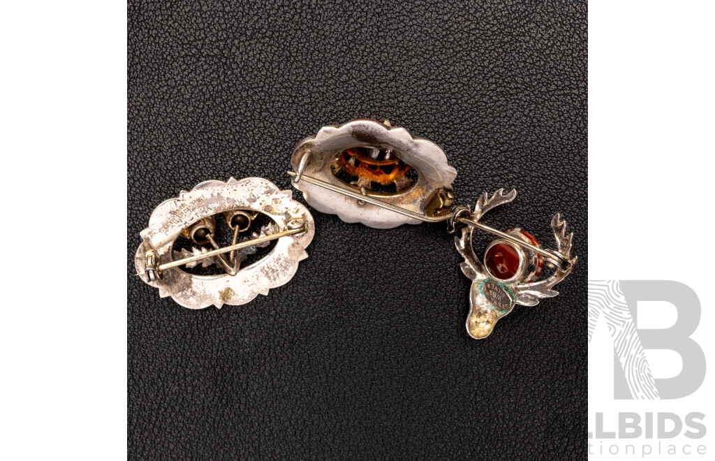 Traditional Scottish Grouse Foot Brooch & (3) Other Vintage Scottish Sterling Silver Brooches