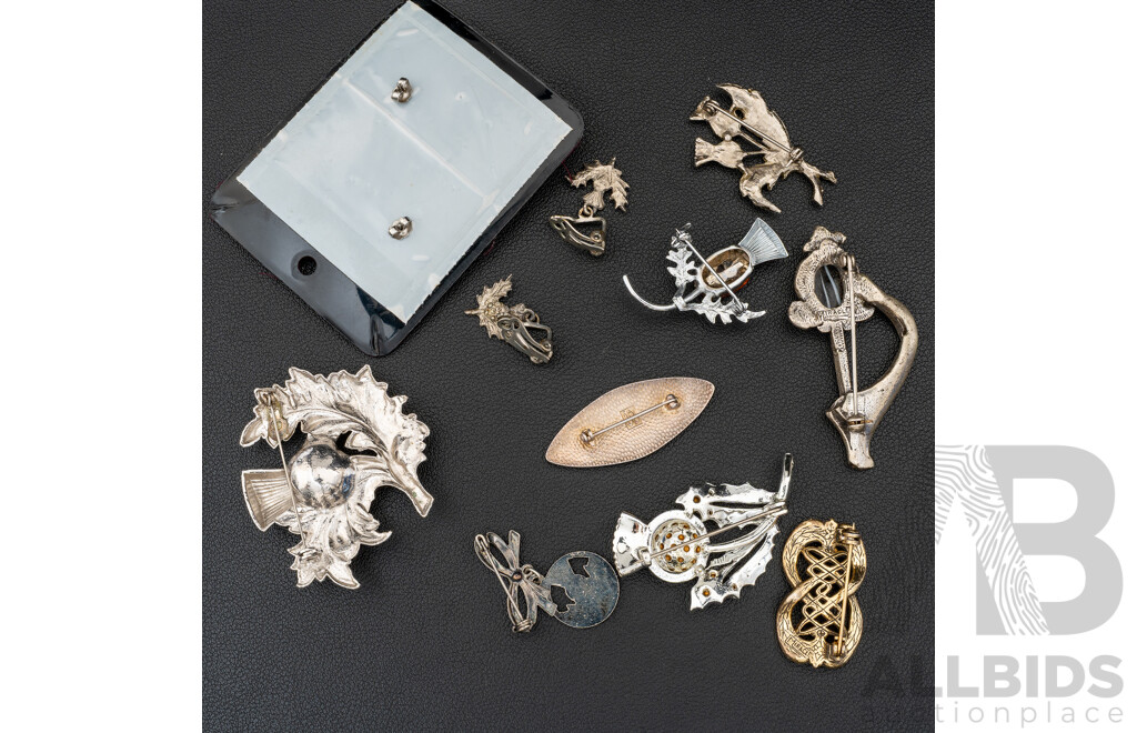 Collection of (8) Vintage Scottish Brooches and (2) Pairs Vintage Scottish Thistle Earrings