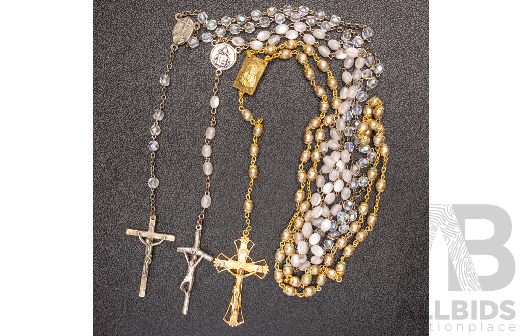 Vintage Rosary Beads (3) Sets with Aurora Borealis Crystal, Faux Pearl and Beads