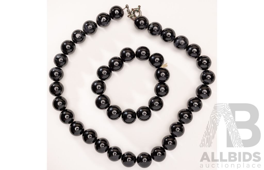 Vintage Onyx Beaded 50cm Necklace & Matching Stretch Bracelet, 15.5mm Wide