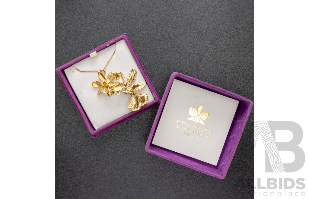 Vintage (2) 'preserved Singapore Orchid Dipped in 22KGP' Brooch/Pendant & Smaller Pendant on Chain