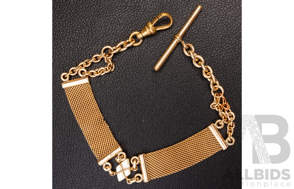 Vintage Gold Tone Fob Chain with Mesh Detail and Mother of Pearl, 21cm, Could Also Be Worn as a Bracelet
