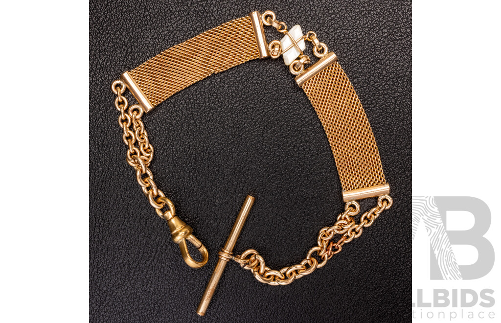 Vintage Gold Tone Fob Chain with Mesh Detail and Mother of Pearl, 21cm, Could Also Be Worn as a Bracelet