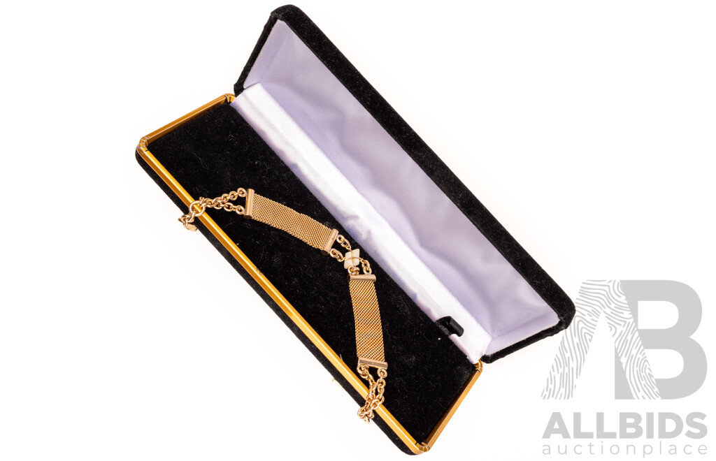 Vintage Gold Tone Fob Chain with Mesh Detail and Mother of Pearl, 21cm, Could Also Be Worn as a Bracelet