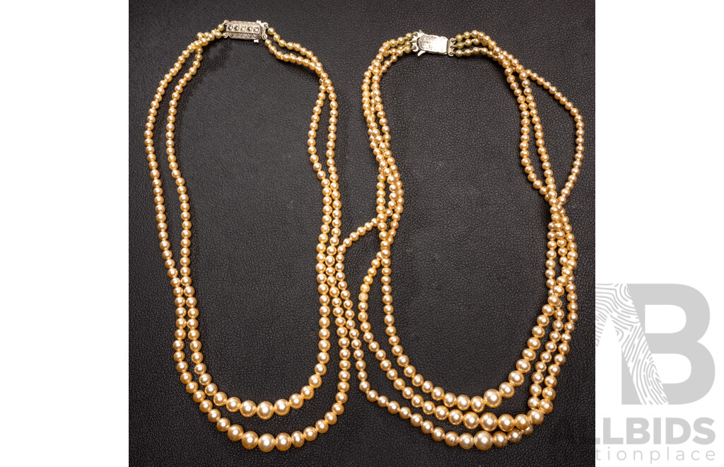 Vintage Double Strand Faux Pearl Necklace & Triple Strand Necklace, Both with Sterling Silver Clasps