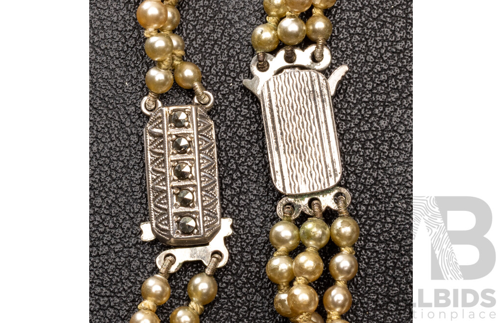 Vintage Double Strand Faux Pearl Necklace & Triple Strand Necklace, Both with Sterling Silver Clasps