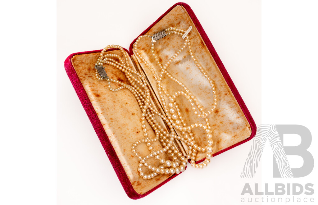 Vintage Double Strand Faux Pearl Necklace & Triple Strand Necklace, Both with Sterling Silver Clasps
