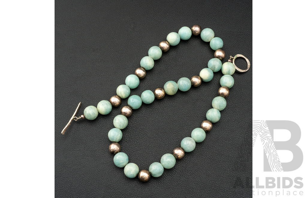 Sterling Silver Amazonite Beaded Necklace, with T-Bar Toggle Clasp, 42cm