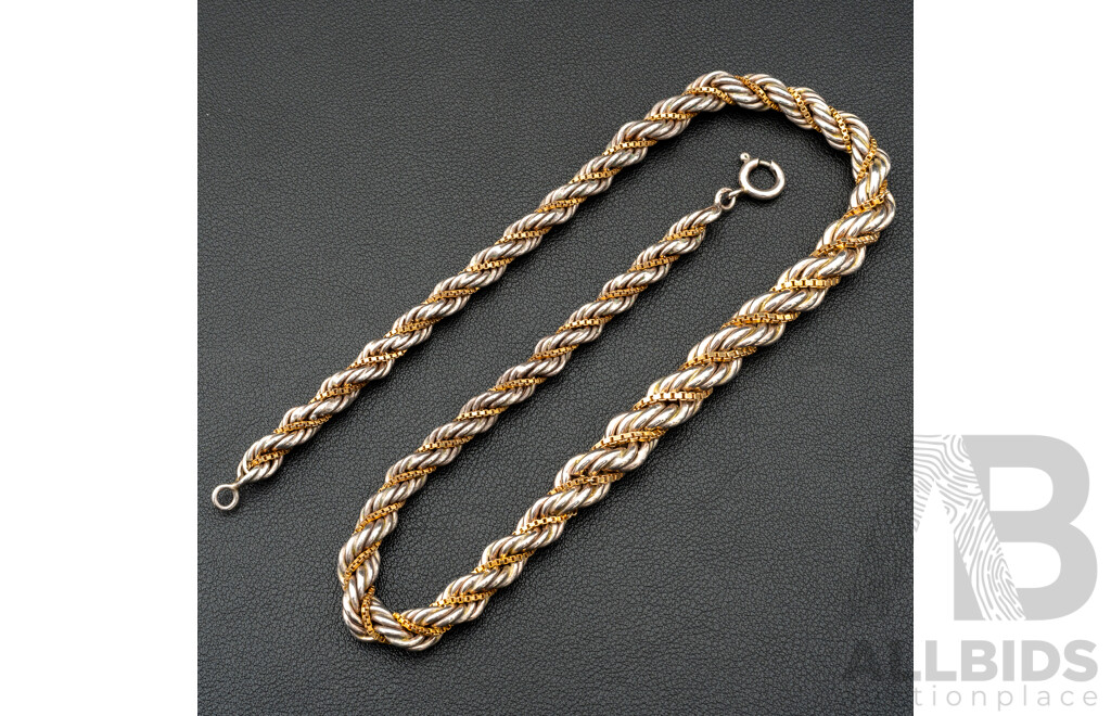 Sterling Silver Graduating Rope Twist Necklace, Entwined with Gold Tone Box Link Chain, 45cm, 41.71 Grams
